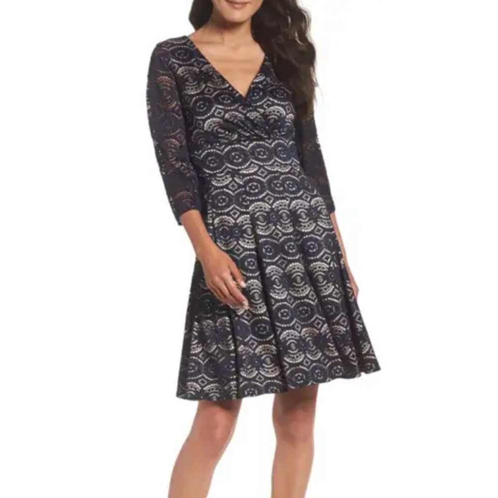 Eliza J flattering navy lace dress